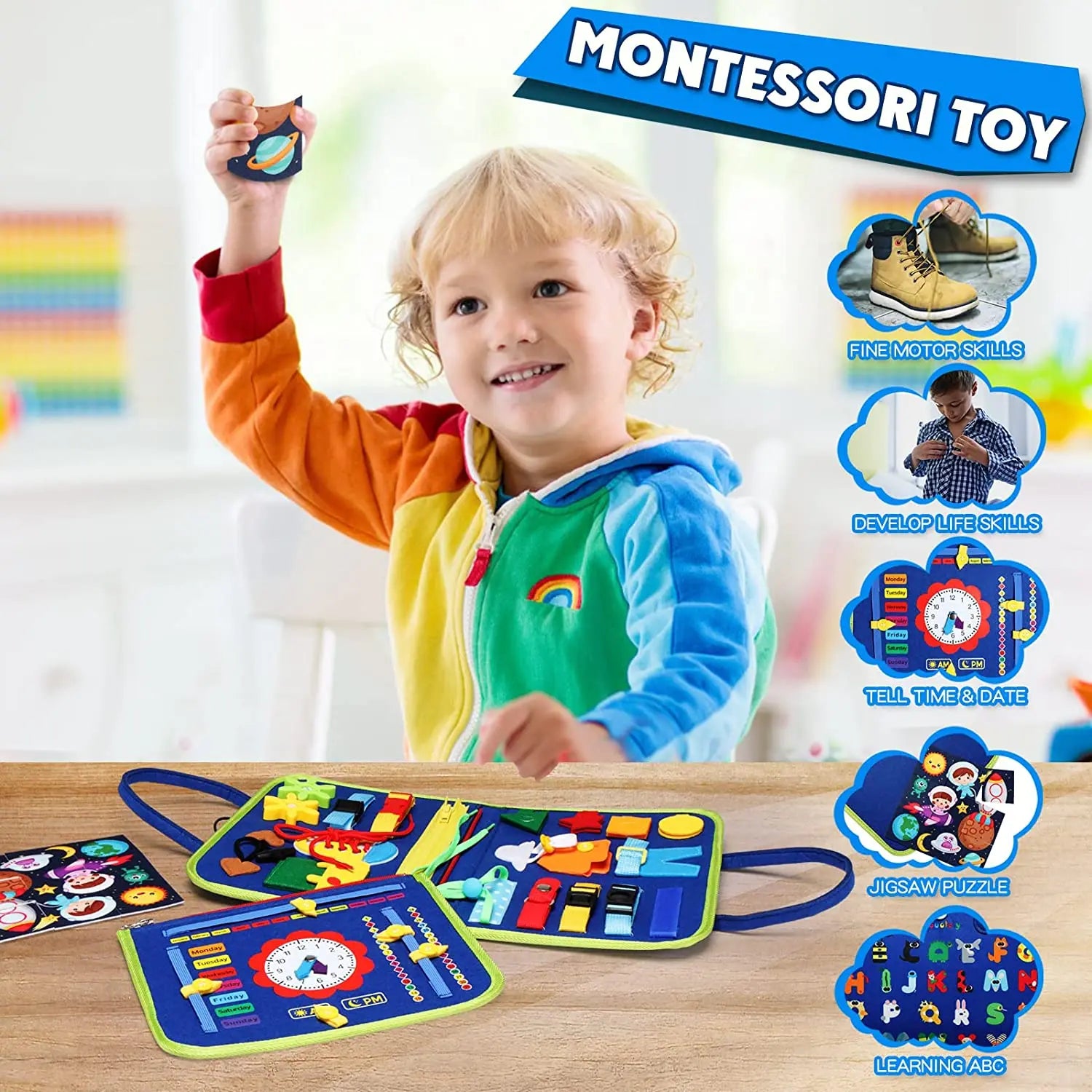 Montessori Toddler Busy Board,Autism Sensory Toys，Educational Activity Motor Skills Baby, Life Skills Learning Toys for Kids